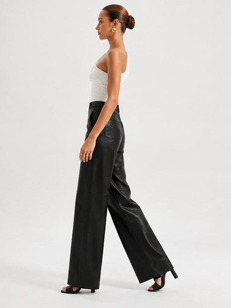 Autumn Fashion PU Leather Mid-High Waist Hip-Lift Straight Leg Women's Pants