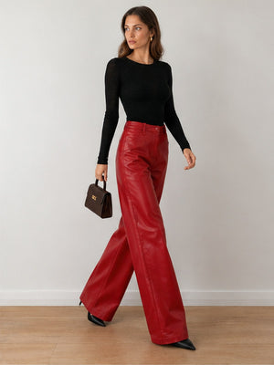 High-waisted Slim-fit Straight-leg PU Leather Pants