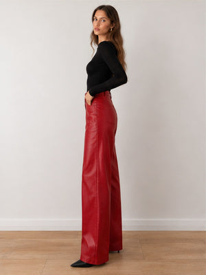 High-waisted Slim-fit Straight-leg PU Leather Pants