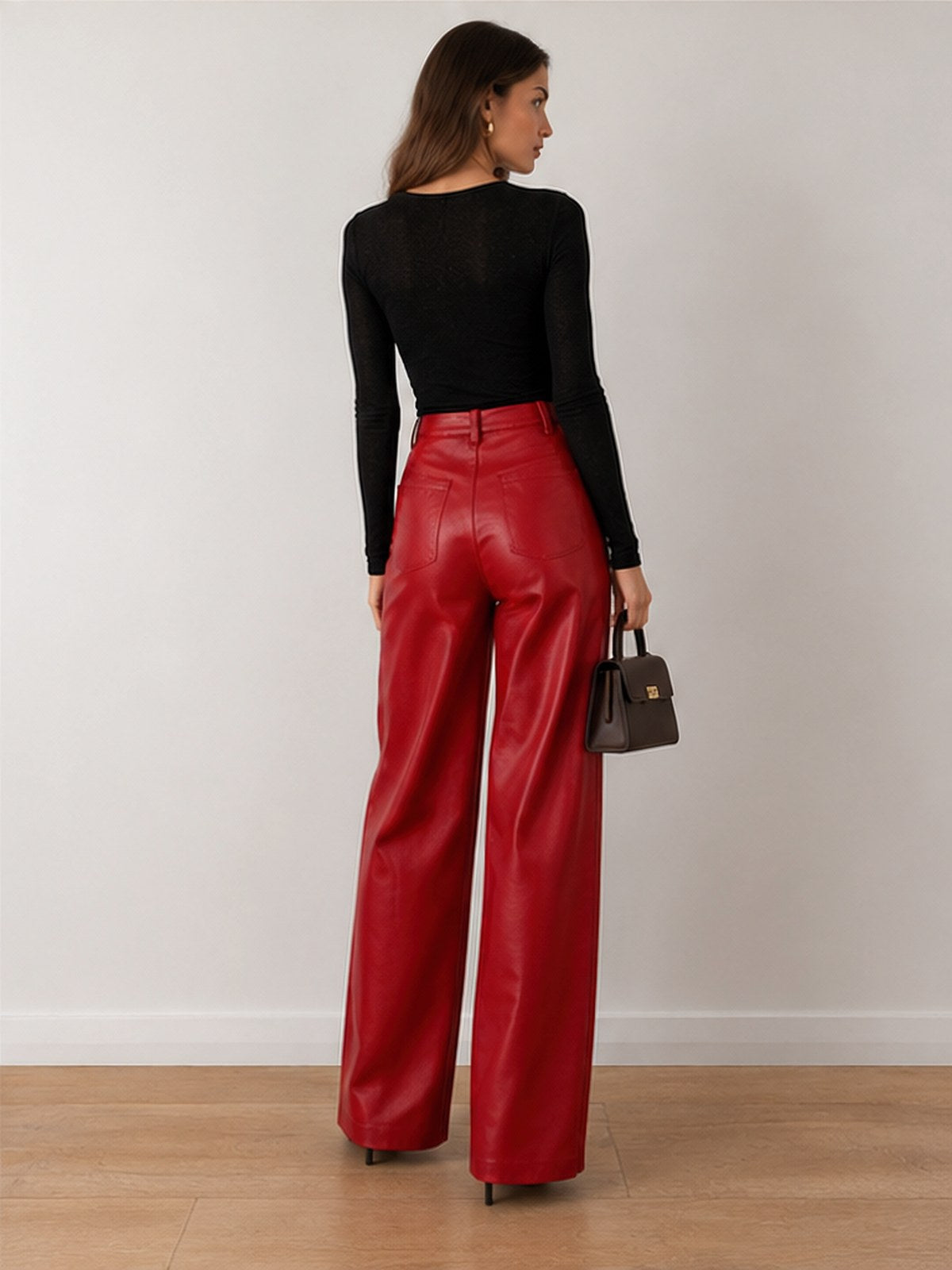 High-waisted Slim-fit Straight-leg PU Leather Pants