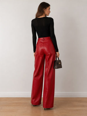 High-waisted Slim-fit Straight-leg PU Leather Pants