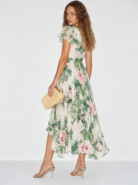 Floral Print V-neck Short Sleeve Maxi Dresses