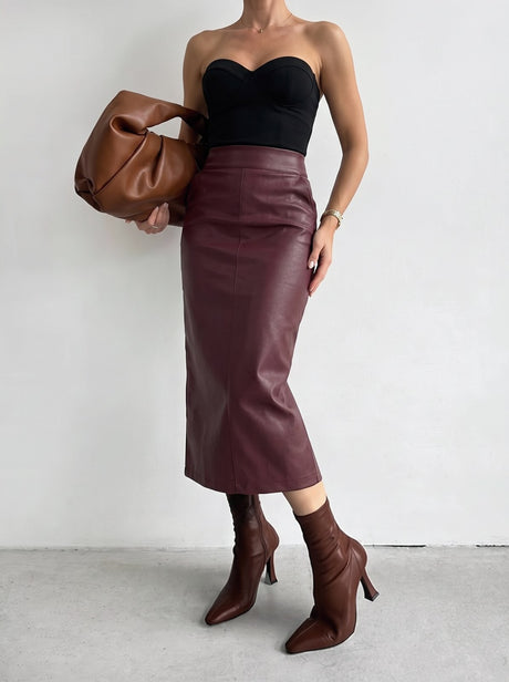 High Waist PU Leather Midi Skirt