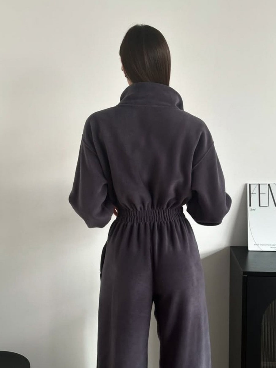 Liber Autumn women's one-piece suit solid color straight pants long-sleeved jumpsuit