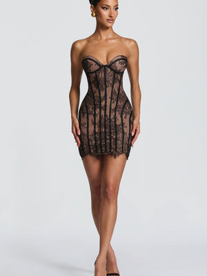 Lace Bodycon Strapless Dress, Exquisite Crochet Fitted Short Dress