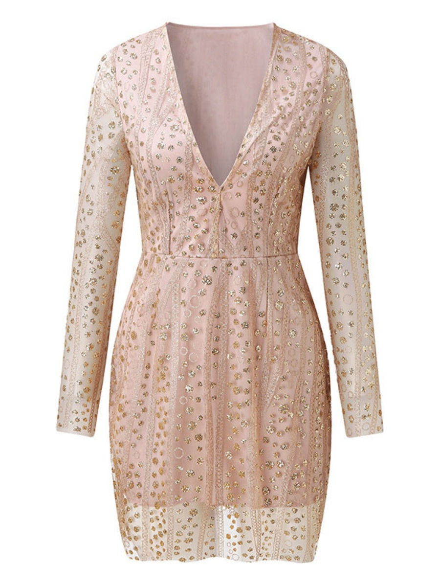 Deep V Long Sleeve Polka Dot Sequins Mini&Short Dresses