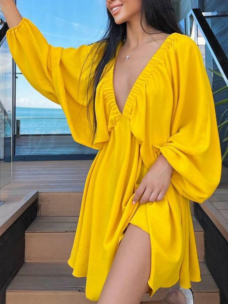 Pleated V-neck Puff Sleeves Large Skirt High-waisted Mini&Short Dresses