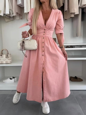 V-neck Short-sleeved Loose-fitting Denim Button-down Long Dress