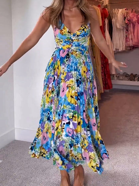 V-neck Camisoles Backless Graffiti Maxi Dresses