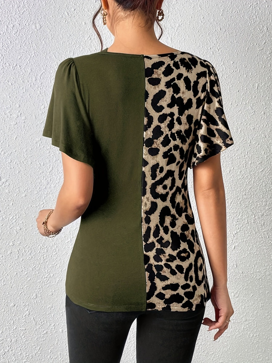 Splicing Stripes Asymmetrical Leopard Print T-shirts