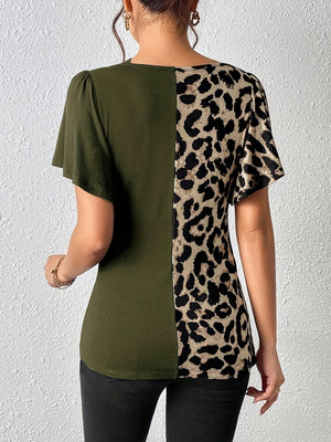 Splicing Stripes Asymmetrical Leopard Print T-shirts