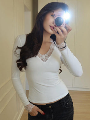 V-neck Lace Trim Waist T-shirts