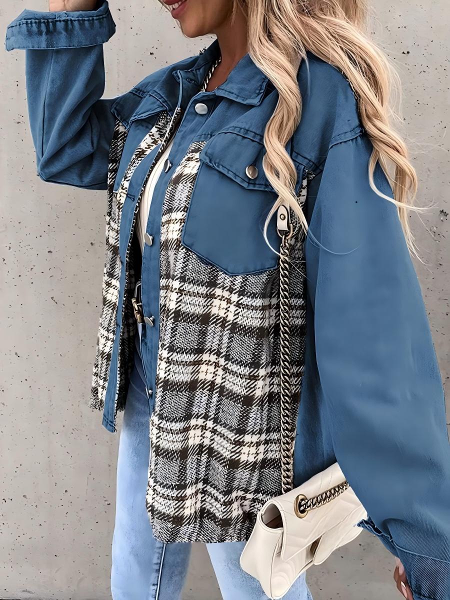 Long Sleeve Plaid Splicing Fasten Denim Jackets