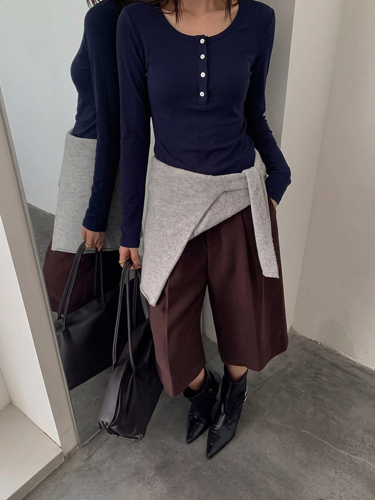 Korean Style Henley Collar Top With Straight Shoulders