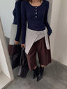 Korean Style Henley Collar Top With Straight Shoulders