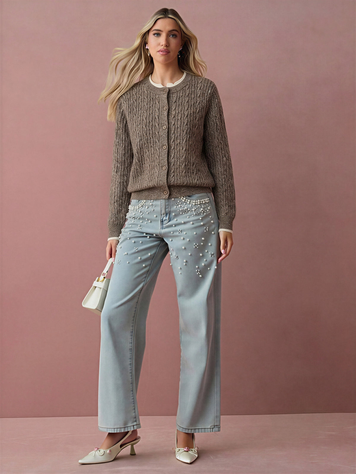 Cable Knit Color-blocked Trim Faux Two-piece Round Neck Knit Cardigan
