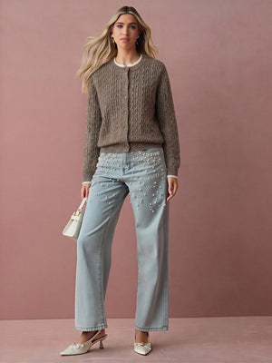 Cable Knit Color-blocked Trim Faux Two-piece Round Neck Knit Cardigan