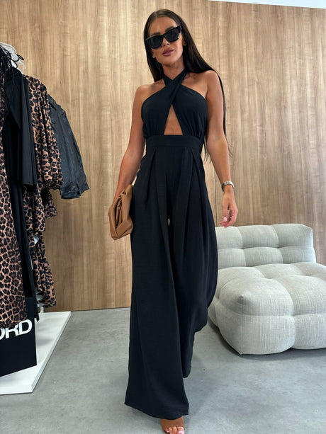 Halter Cross Wide Leg Zipper Jumpsuits