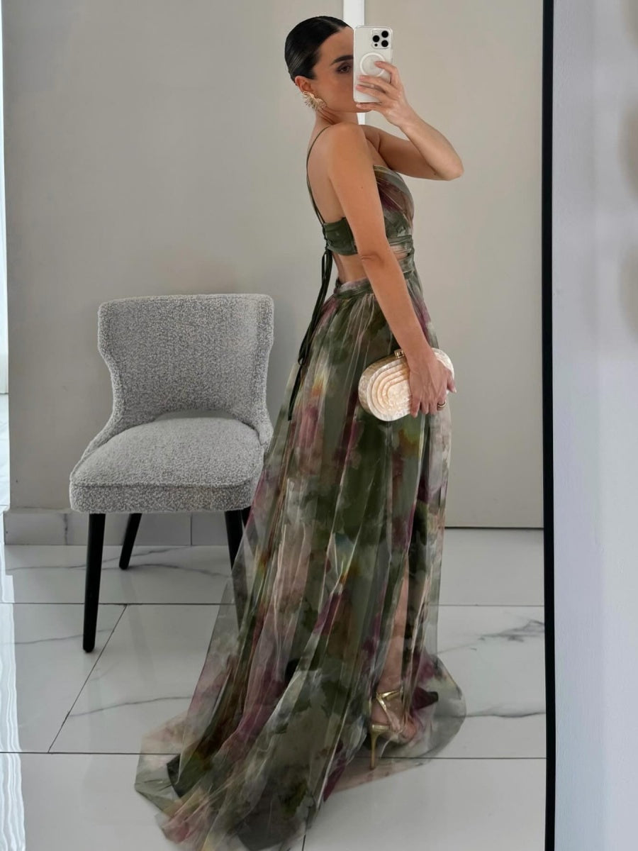 Mesh Floral Print Long Dress