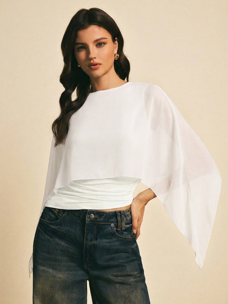 Cape-sleeve T-shirt, Round Neck, Loose Chiffon Cover-up, Elegant Irregular Top/T-shirt