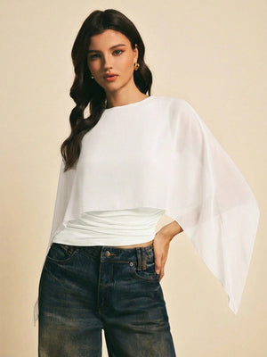 Cape-sleeve T-shirt, Round Neck, Loose Chiffon Cover-up, Elegant Irregular Top/T-shirt