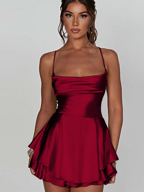 Camisoles Swing Collar Backless Drawstring Mini&Short Dresses