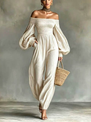 Off-shoulder Long-sleeved Pleated Fabric Jumpsuit In Solid Color