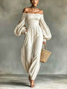 Off-shoulder Long-sleeved Pleated Fabric Jumpsuit In Solid Color
