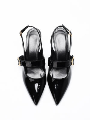 Metal Buckle Pointed Toe Open Back Chunky Heel Mary Jane Shoes