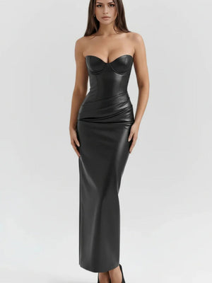 PU Leather Tube Top Bandage Slits Hip-hugging Maxi Dresses