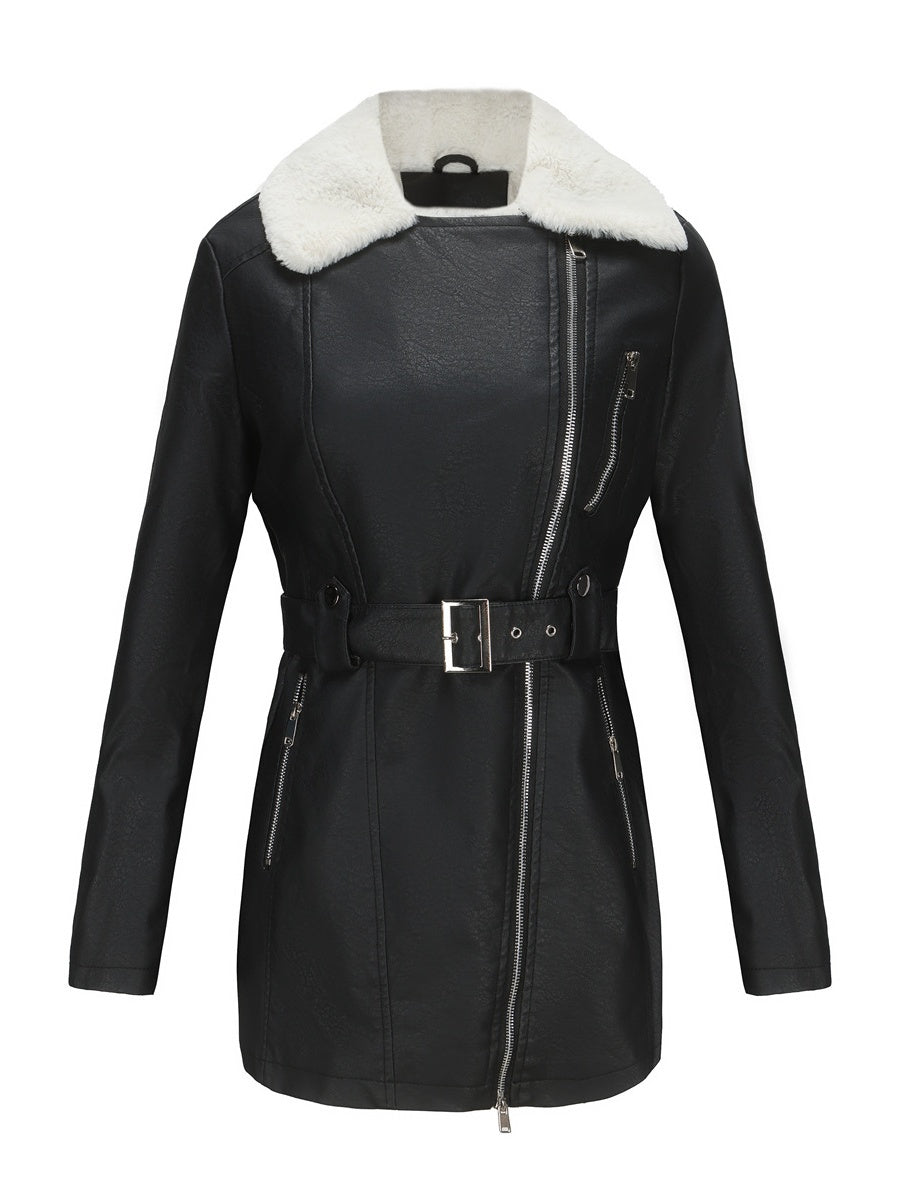 Long Sleeve Plush Lapel Double-ended Zipper With Belt Keep Warm Leather Jacket
