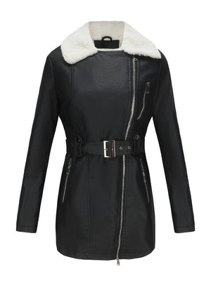 Long Sleeve Plush Lapel Double-ended Zipper With Belt Keep Warm Leather Jacket