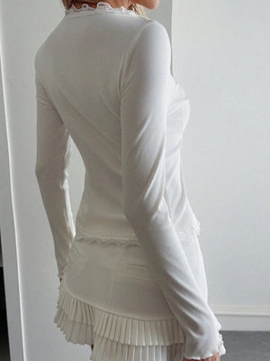 Cardigan Style With Ribbed Trim V-neck Lace Stitching Anti-stripping T-shirts Long-sleeved Knitted Cardigan