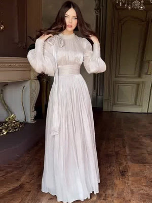 Balloon Sleeve Rhinestone-studded Waist Banquet Maxi Dresses