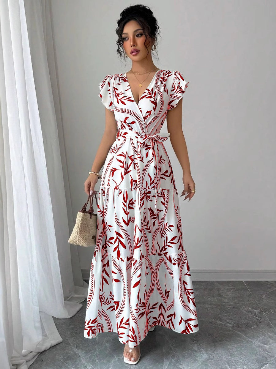 Ruffle Leaf Print V-neck Sexy Slim-fit Long Dress