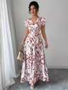 Ruffle Leaf Print V-neck Sexy Slim-fit Long Dress