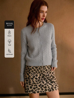 Wool Blend Cable Knit Crew Neck Single-breasted Cardigan