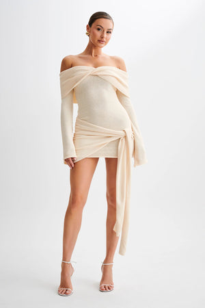 Off-the-shoulder Long-sleeved Tie-up Short Knit Dress