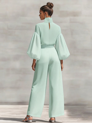 Chiffon Stand-up Collar Puff Sleeve High-waisted Draped Wide-leg Pants Two-piece Set