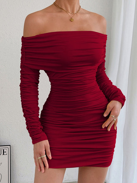 Off-the-shoulder Long-sleeved Pleated Slim-fit Bodycon Short Dress