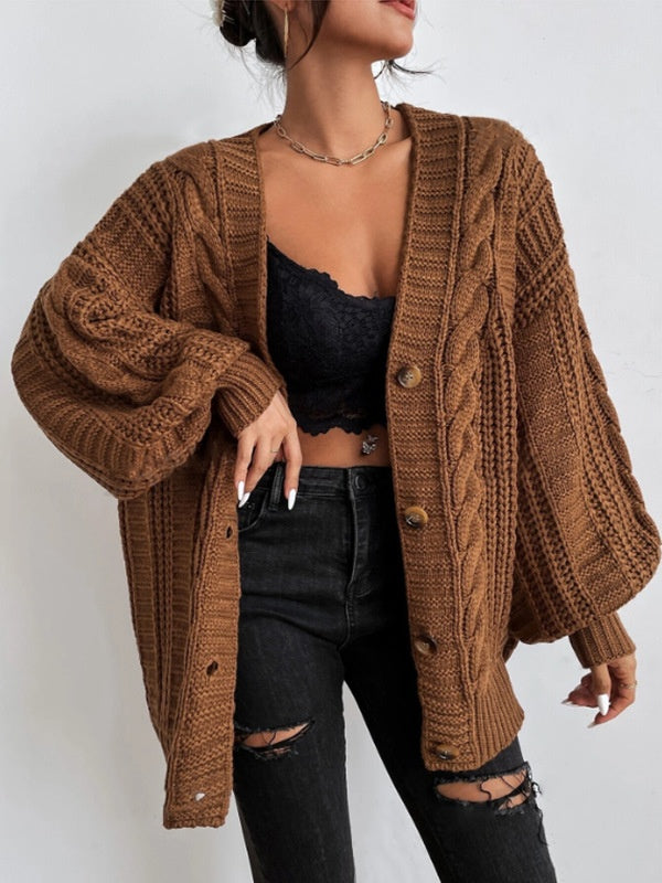 Loose Cable Knit Lantern Sleeve Cardigan