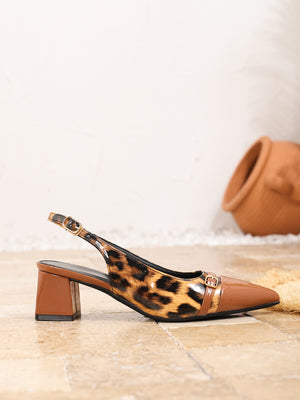 Leopard Print Patchwork Pointed Toe Cutout Chunky Heel High Heels