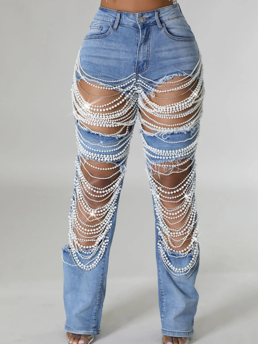 Ripped, Pearl-beaded Stretch Jeans