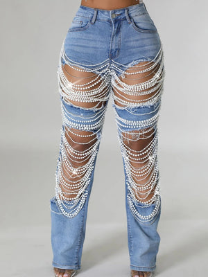 Ripped, Pearl-beaded Stretch Jeans