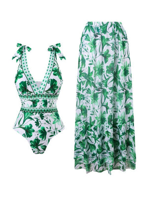 Blue And White Porcelain Print One-piece Slimming And Figure-flattering Long Swimsuit And Sun Protection Dress Two-piece Set