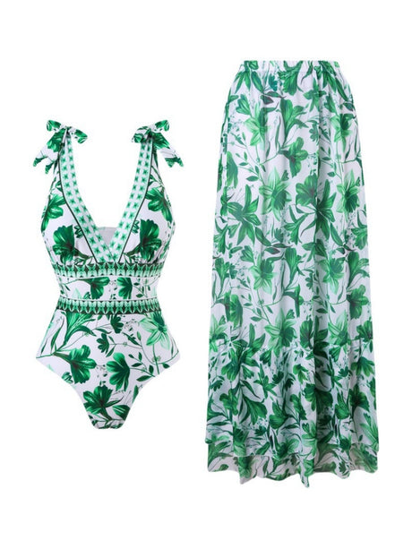 Blue And White Porcelain Print One-piece Slimming And Figure-flattering Long Swimsuit And Sun Protection Dress Two-piece Set