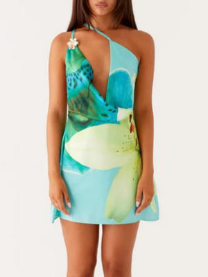 One-shoulder Floral Print Halter Dress With A Flared Neckline