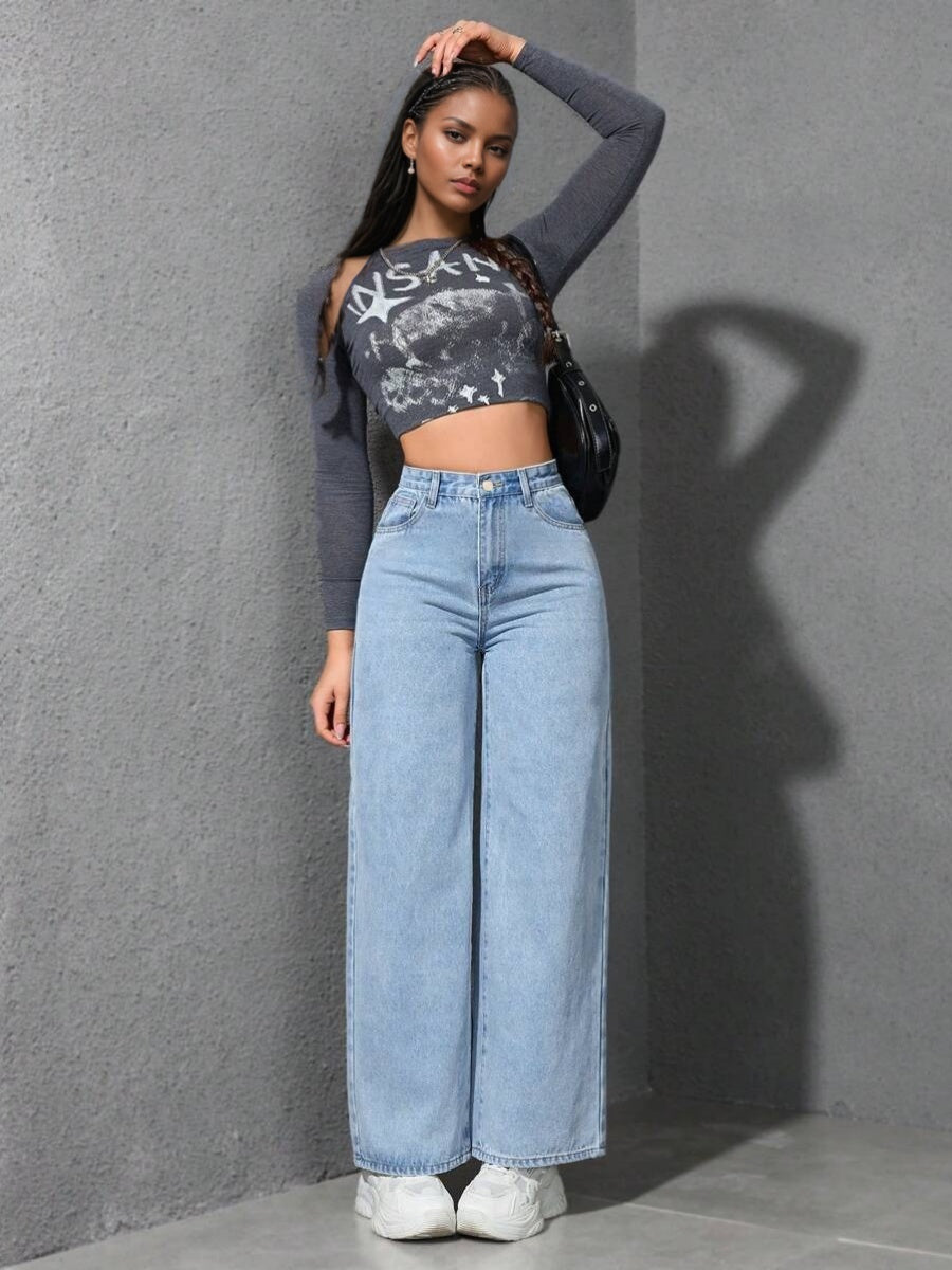 High Waist Wash Water Straight Jeans