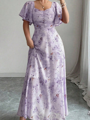 Floral Lotus Leaf Sleeves Sweetheart Collar Vacation And Leisure Maxi Dresses