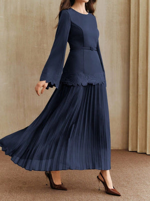 Applique Including Belt Pleats Maxi Dresses